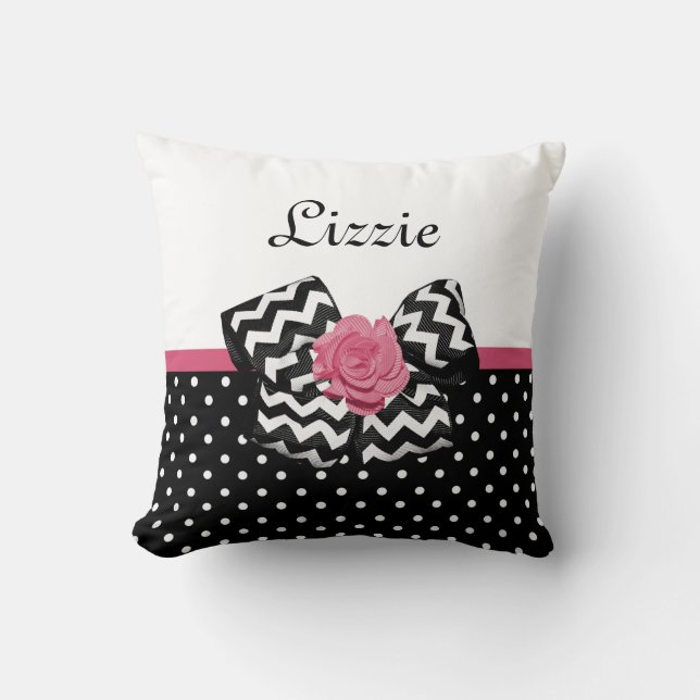 Cute Black Dots Pink Rose Chevron Bow and Name Throw Pillow (Front)