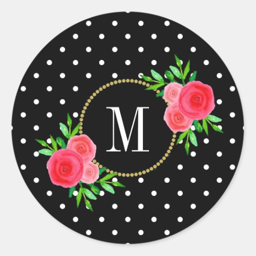 Cute Black Dots Red Watercolor Floral Monogram Classic Round Sticker