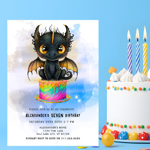 Cute Black Dragon Rainbow Cake Fairytale Birthday  Invitation