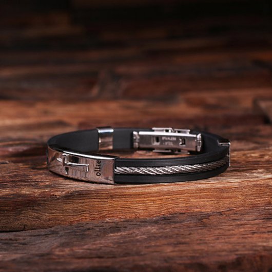 Cute Black Engraved Cross Leather & Steel Bracelet (Top)