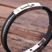 Cute Black Engraved Cross Leather & Steel Bracelet (Top)