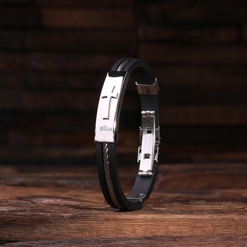 Cute Black Engraved Cross Leather  Steel Bracelet