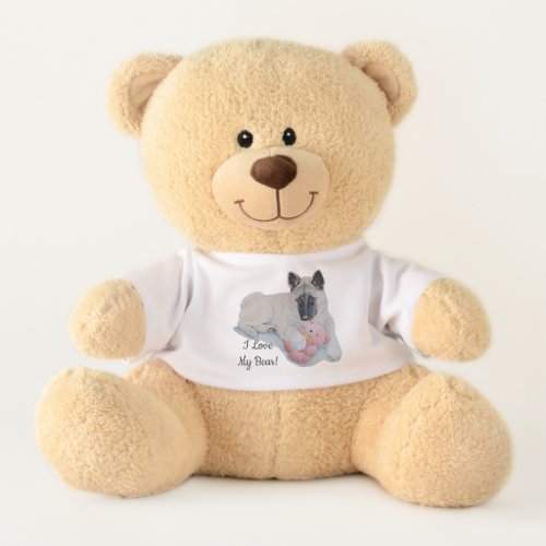 cute black faced akita dog cuddling pink teddy teddy bear