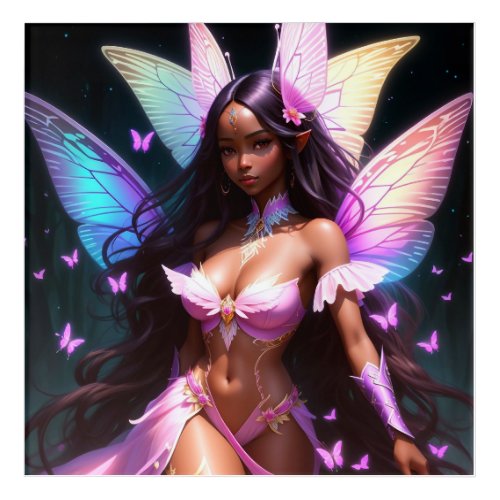 Cute Black Fairy Girl With Multicolor Wings Acrylic Print