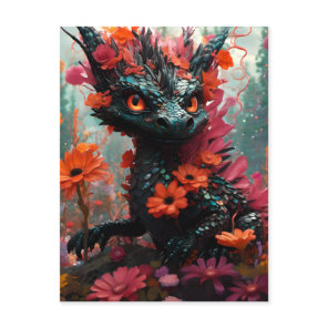 Cute Black Floral Dragon Postcard