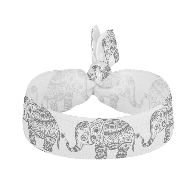 Cute Black Floral Elephant Illustration Ribbon Hair Tie (Front)
