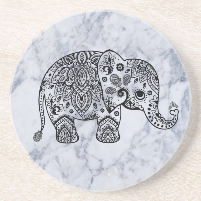 Cute Black Floral Elephant On White Marble Stone Sandstone Coaster (Front)