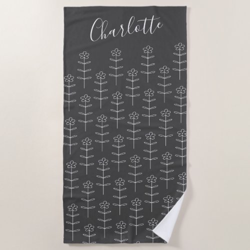 Cute Black Floral Line Art Personalized    Beach Towel
