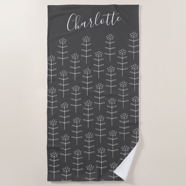 Cute Black Floral Line Art Personalized    Beach Towel (Front)