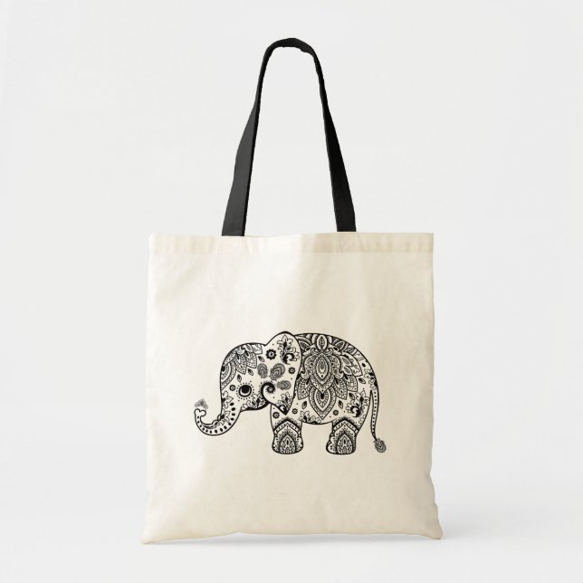 Cute Black Floral Paisley Elephant Illustration. Tote Bag (Front)