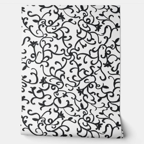 Cute Black Floral Pattern on White Background Wall