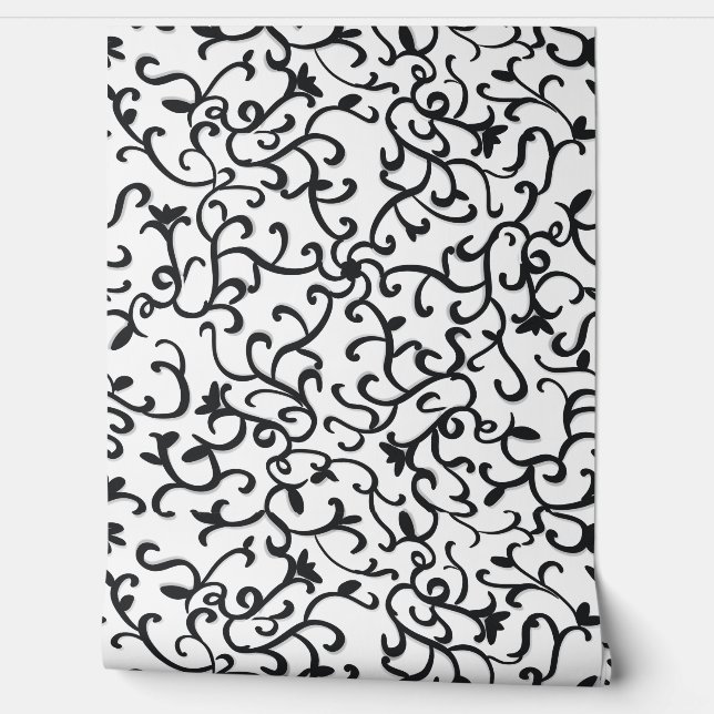 Cute Black Floral Pattern on White Background Wall Wallpaper (Unrolling)