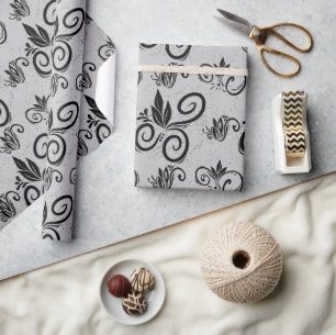Cute Black Floral Vintage Pattern Light Gray Wrapping Paper
