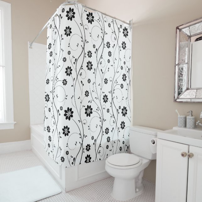 Cute black Flowers and Buds Shower Curtain (In Situ)