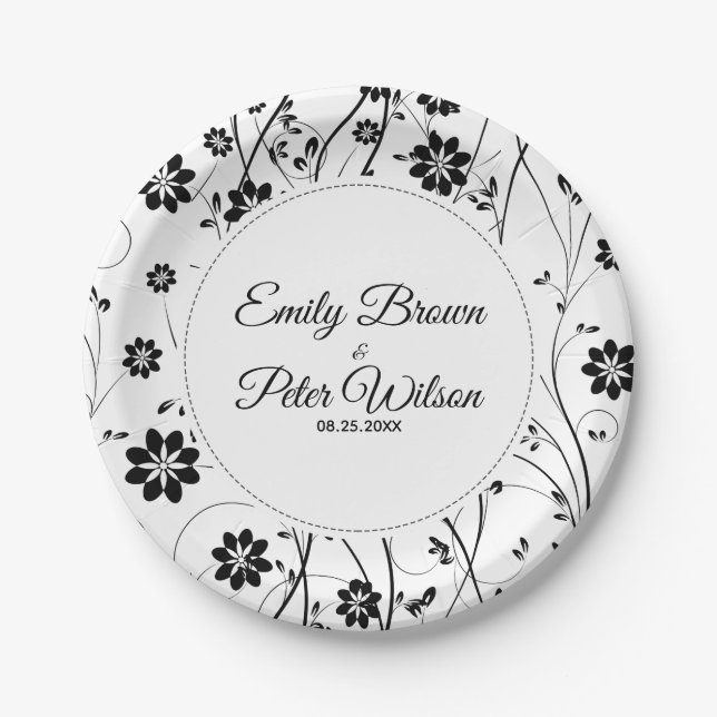 Cute Black Flowers Pattern Paper Plates (Front)