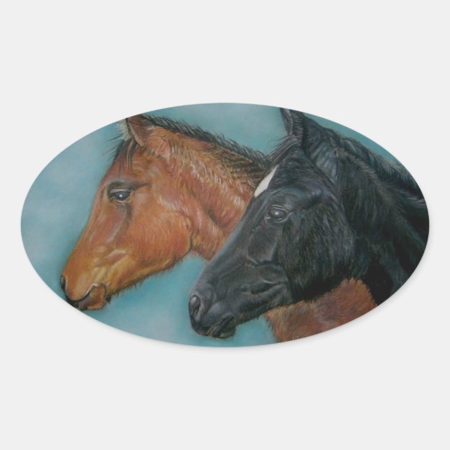 cute black foal chestnut foal colt portrait horse oval sticker (Front)