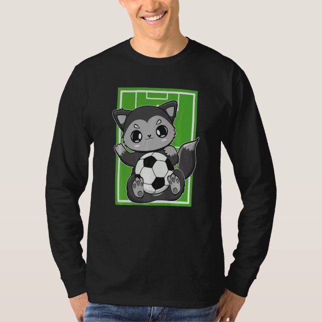 Cute Black Fox With Soccer Plays Football Team Spo T-Shirt (Front)