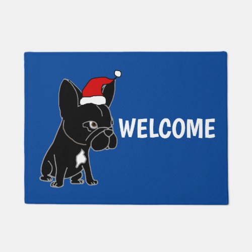 Cute Black French Bulldog in Santa Hat Christmas Doormat