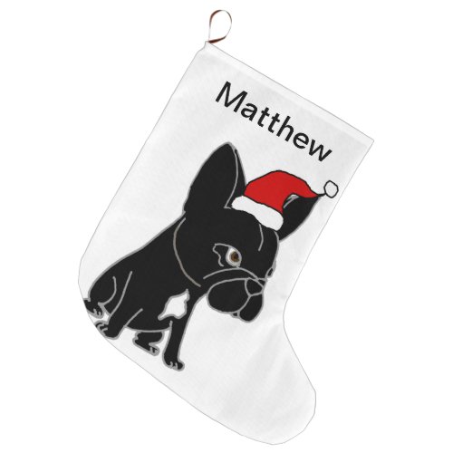 Cute Black French Bulldog in Santa Hat Christmas Large Christmas Stocking