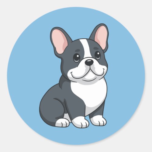 Cute Black French Bulldog Puppy on Blue Classic Round Sticker