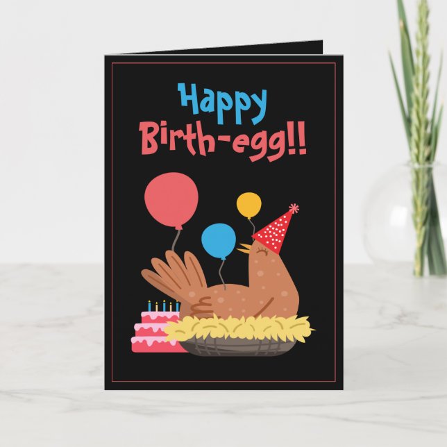 Cute Black Funny Chicken and Cake Humor Birthday Card (Front)