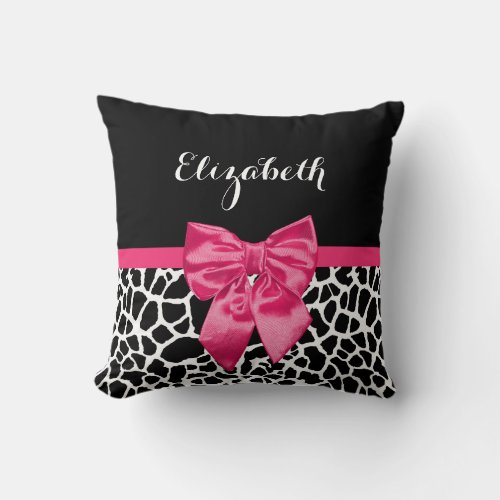 Cute Black Giraffe Print Girly Pink Bow and Name Throw Pillow