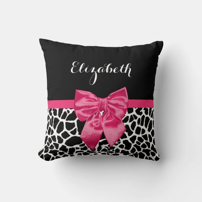 Cute Black Giraffe Print Girly Pink Bow and Name Throw Pillow (Front)