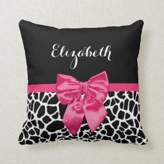 Cute Black Giraffe Print Girly Pink Bow and Name Throw Pillow