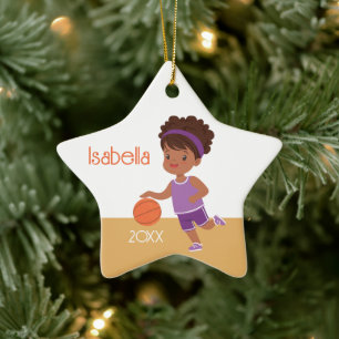 Cute Black Girl Basketball Ceramic Ornament