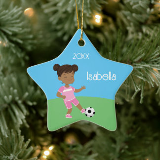 Cute Black Girl Soccer Player Ceramic Ornament
