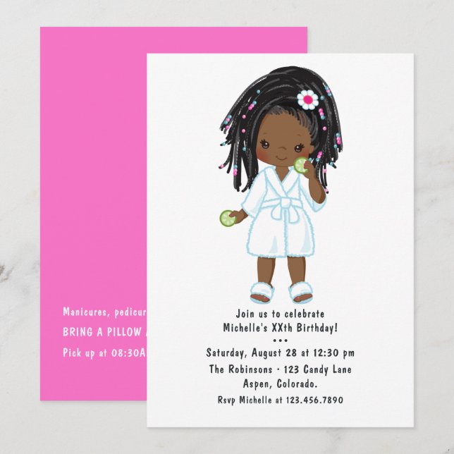 Cute Black Girl Spa Sleepover Birthday Party Invitation (Front/Back)