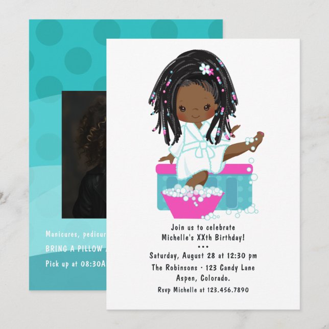 Cute Black Girl Spa Sleepover Birthday Party Photo Invitation (Front/Back)