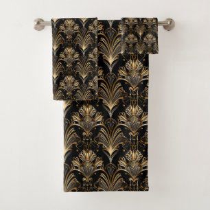 Cute black gold art deco tiled pattern bath towel set