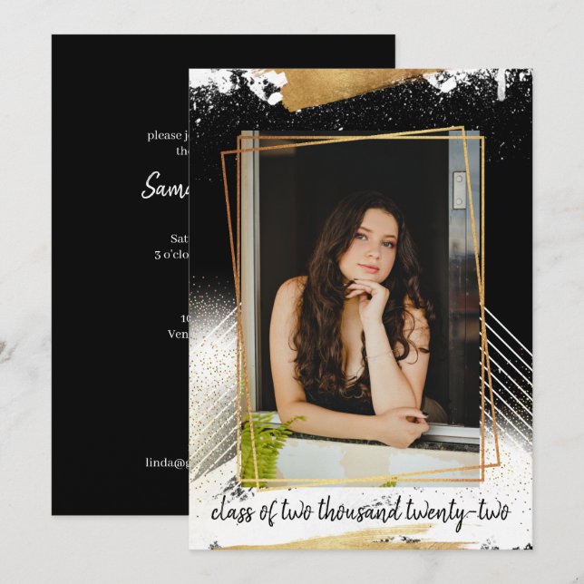 Cute Black & Gold Framed Graduation Invitation (Front/Back)