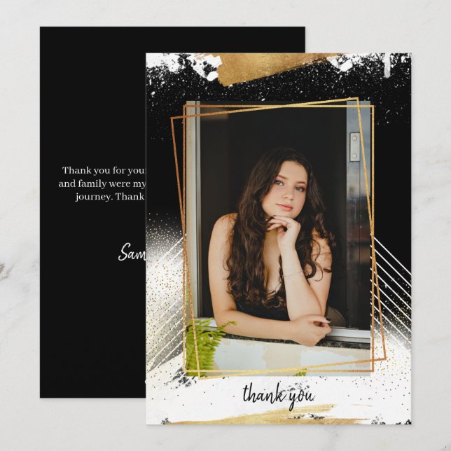 Cute Black & Gold Framed Graduation Thank You Card (Front/Back)