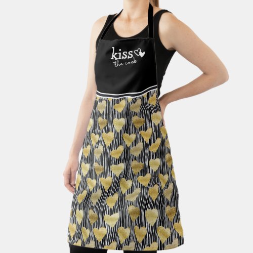 Cute Black  Gold Kiss the Cook Hearts Apron