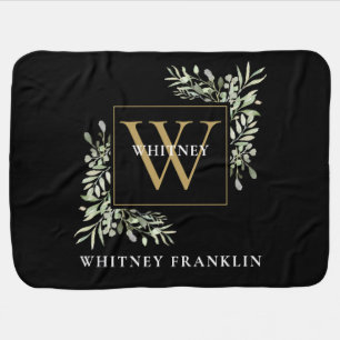 Cute Black Gold Monogram Greenery Floral Custom Baby Blanket