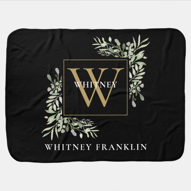 Cute Black Gold Monogram Greenery Floral Custom Baby Blanket (Horizontal)