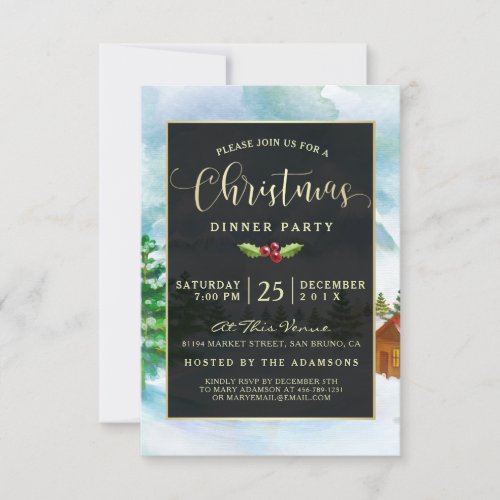 Cute Black & Gold on Watercolor Christmas Party Invitation - Send cute, elegant Christmas party invitations for your dinner party celebration this year with these easy to personalize / customize invites. The semi-transparent black overlay has a golden border over a watercolor Christmas snowscene with log cabin and snow capped Christmas trees. There is a sprig of holly and two holly berries in the middle. Zazzle has lots of different fonts and font colors to chose from. Please note the all Zazzle products are digitally flat printed.