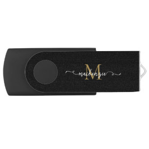 Cute Black Gold Script Typography Monogram Flash Drive
