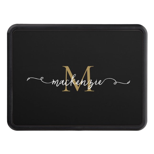 Cute Black Gold Script Typography Monogram Hitch Cover (Front)