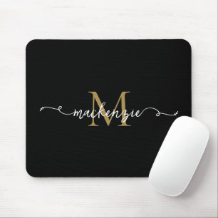 Cute Black Gold Script Typography Monogram Mouse Pad