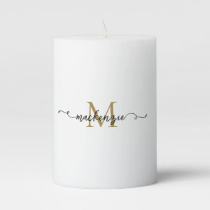Cute Black Gold Script Typography Monogram Pillar Candle