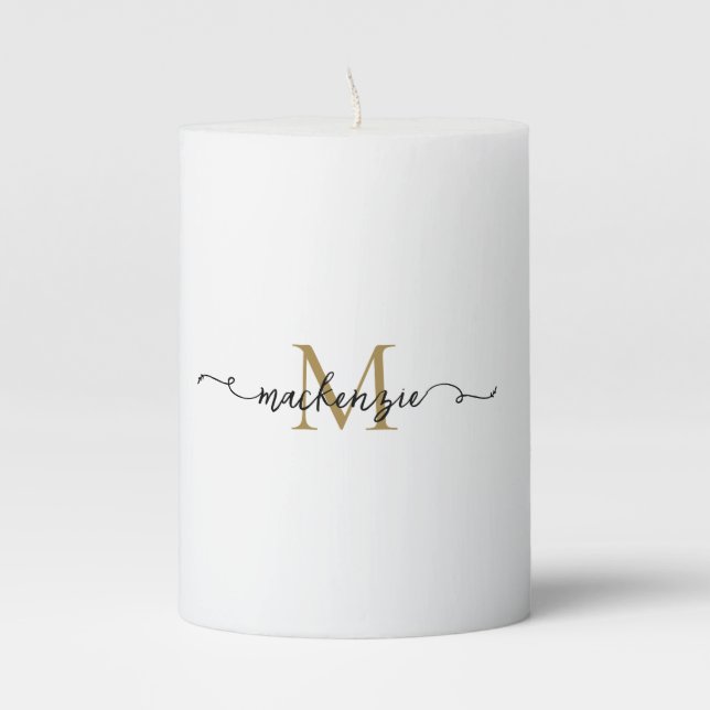 Cute Black Gold Script Typography Monogram Pillar Candle (Front)