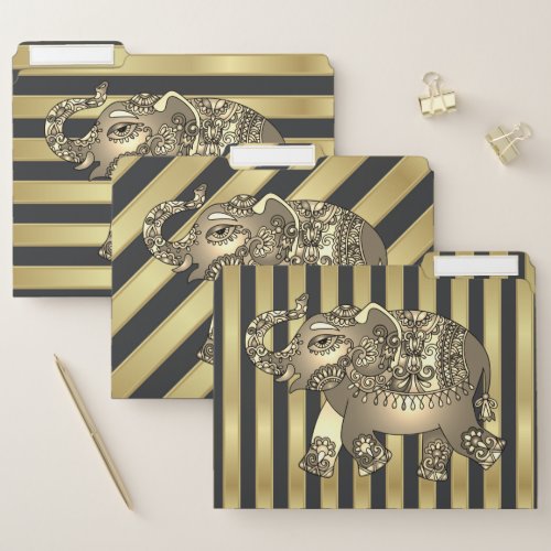 Cute Black Gold Striped Pattern Paisley Elephant File Folder