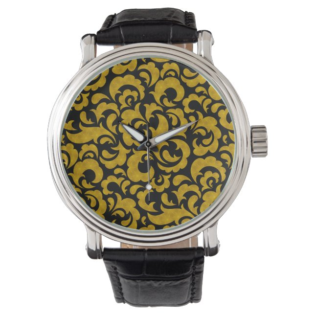 Cute black golden seamless floral patterns Case-Ma Watch (Front)