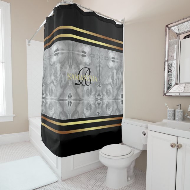 Cute Black Gray And Gold Stripes Marble Shower Curtain (In Situ)