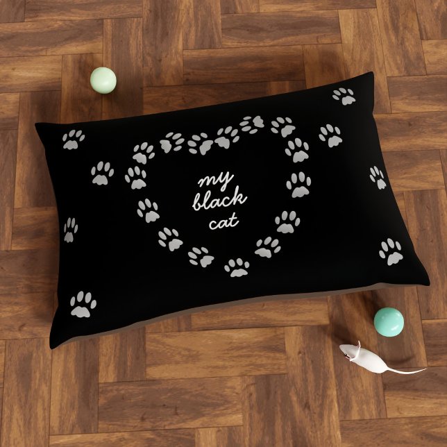 Cute Black Gray Paw Print Heart Custom Cat Bed (Add you best friend's name to this black and gray pet bed with a paw print heart)