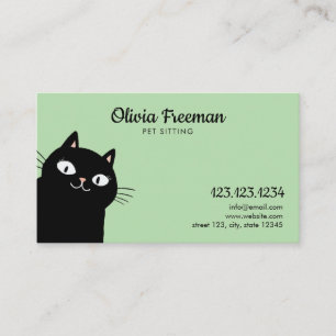 Cute Black & Green Cat Illustration Pet Sitting Business Card