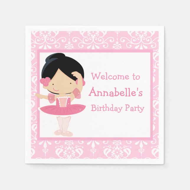 Cute Black Hair Ballerina Birthday Party Napkins (Front)